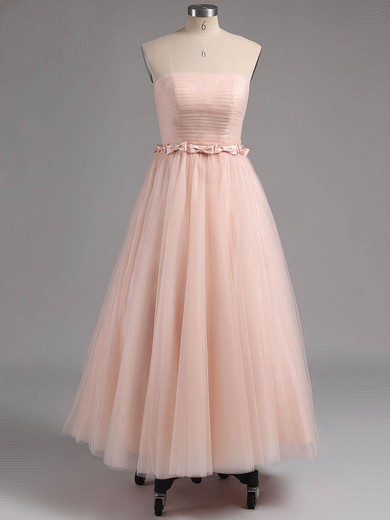 A-line Strapless Tulle Tea-length Sashes / Ribbons Short Prom Dresses #Milly02013482
