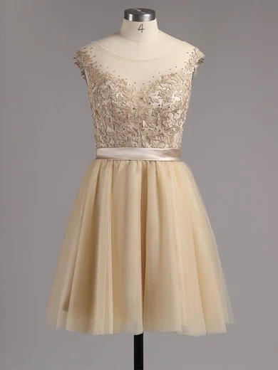 A-line Scoop Neck Satin Tulle Short/Mini Appliques Lace Short Prom Dresses #Milly02016005