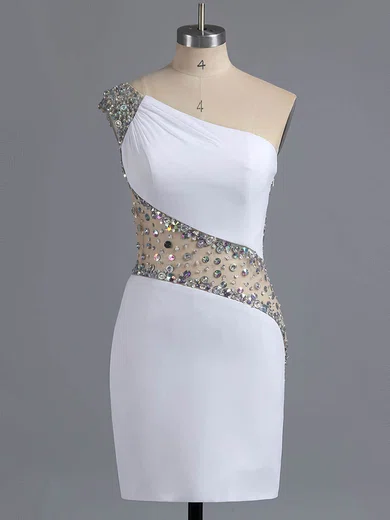 Sheath/Column One Shoulder Chiffon Tulle Short/Mini Crystal Detailing Short Prom Dresses #Milly02016008