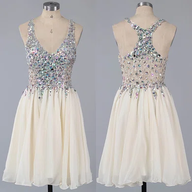 A-line V-neck Lace Chiffon Short/Mini Ruffles Short Prom Dresses #Milly02016363