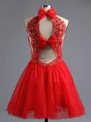 A-line Scoop Neck Tulle Short/Mini Beading Short Prom Dresses #Milly02016973