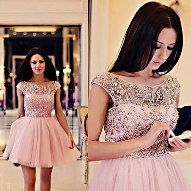 A-line Scoop Neck Tulle Short/Mini Beading Short Prom Dresses #Milly02018794