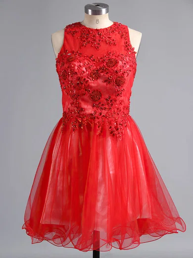 A-line Scoop Neck Lace Tulle Short/Mini Beading Short Prom Dresses #Milly02019171