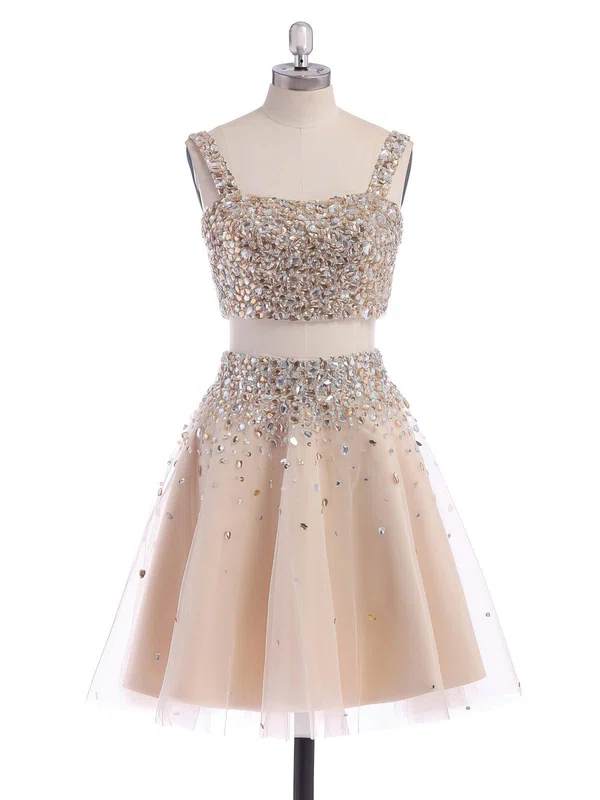 A-line Square Neckline Tulle Short/Mini Beading Short Prom Dresses #Milly02019194