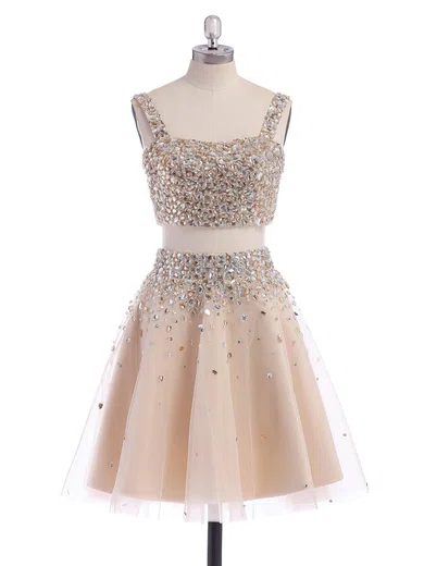 A-line Square Neck Tulle Two Piece Prom Dresses With Beading #Milly02019194