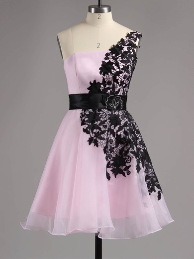 A-line One Shoulder Lace Chiffon Tulle Short/Mini Appliques Lace Short Prom Dresses #Milly02042082