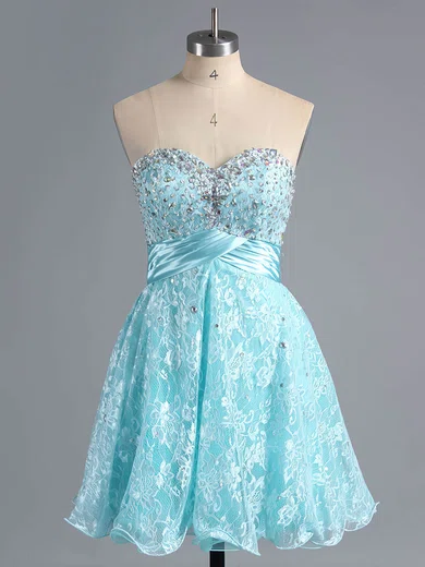 A-line Sweetheart Lace Short/Mini Beading Short Prom Dresses #Milly02042339