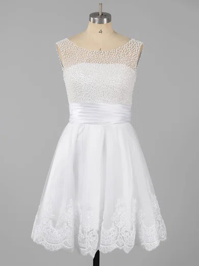 A-line Scoop Neck Tulle Short/Mini Beading Short Prom Dresses #Milly02051621