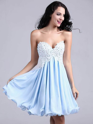 A-line Sweetheart Chiffon Short/Mini Appliques Lace Short Prom Dresses #Milly02051689