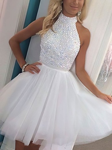 A-line High Neck Tulle Knee-length Homecoming Dresses With Beading #Milly020102515