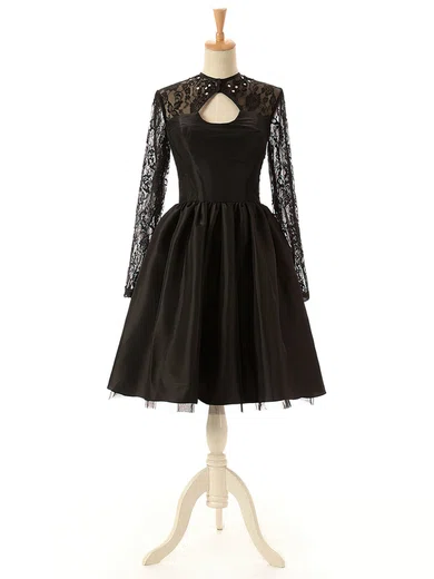 Black A-line Scoop Neck Satin Cut Out Prom Dresses With Lace #Milly020102516