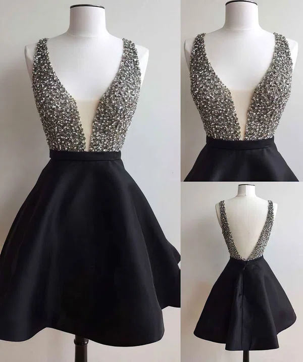 Sexy A-line V-neck Satin Tulle Short/Mini Crystal Detailing Black Short Prom Dresses #Milly020102517