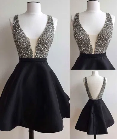 Black A-line V-neck Backless Satin Tulle Prom Dresses With Beading #Milly020102517