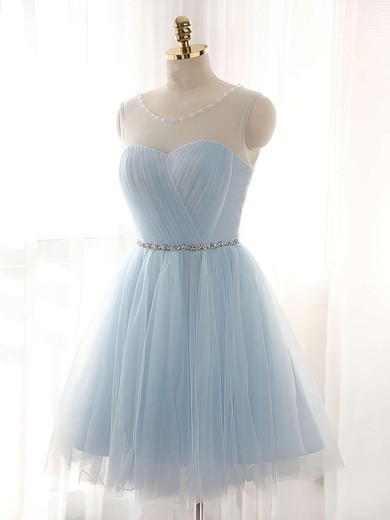 A-line Scoop Neck Tulle Short/Mini Beading Short Prom Dresses #Milly020102518