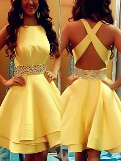 A-line Scoop Neck Silk-like Satin Short/Mini Tiered New Backless Short Prom Dresses #Milly020102536