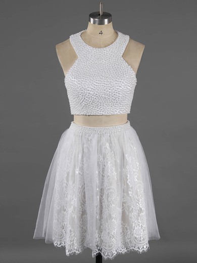 Newest Scoop Neck Two Pieces White Lace Crystal Detailing Short/Mini Homecoming Dresses #Milly020100649