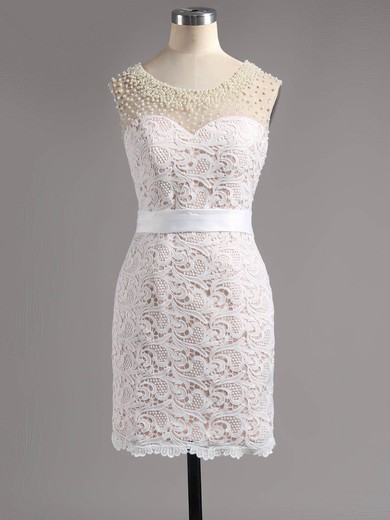 Open Back Sheath/Column Scoop Neck Lace Satin Short/Mini Pearl Detailing Homecoming Dresses #Milly020100669