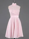 Pretty A-line High Neck Chiffon Short/Mini Appliques Lace Pink Short Prom Dresses #Milly020100684