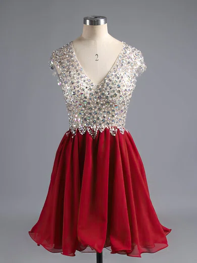 Burgundy A-line V-neck Chiffon Tulle Short/Mini Beading Open Back Short Prom Dresses #Milly020100703