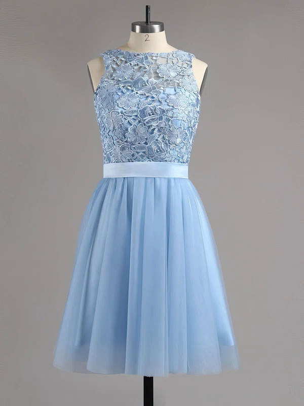 A-line Scoop Neck Lace Tulle Short/Mini Sashes / Ribbons Backless Sweet Short Prom Dresses #Milly020100826