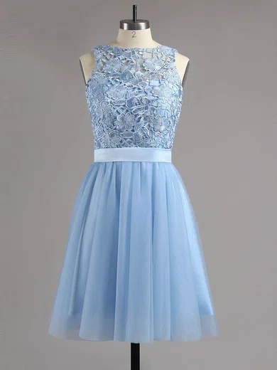 A-line Scoop Neck Lace Tulle Short/Mini Sashes / Ribbons Backless Sweet Short Prom Dresses #Milly020100826
