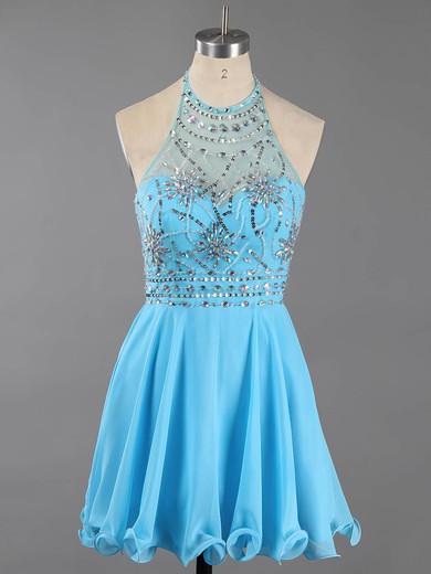 Backless A-line Halter Chiffon Crystal Detailing Short/Mini Classy Short Prom Dresses #Milly020100982