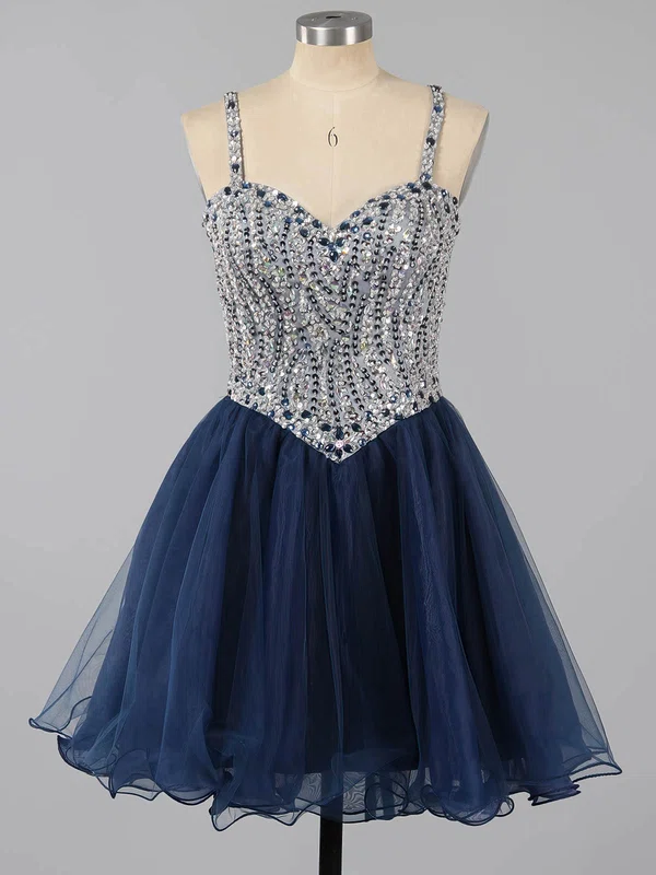 Beautiful A-line Sweetheart Tulle Short/Mini Beading Dark Navy Short Prom Dresses #Milly020101149