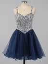 Beautiful A-line Sweetheart Tulle Short/Mini Beading Dark Navy Short Prom Dresses #Milly020101149