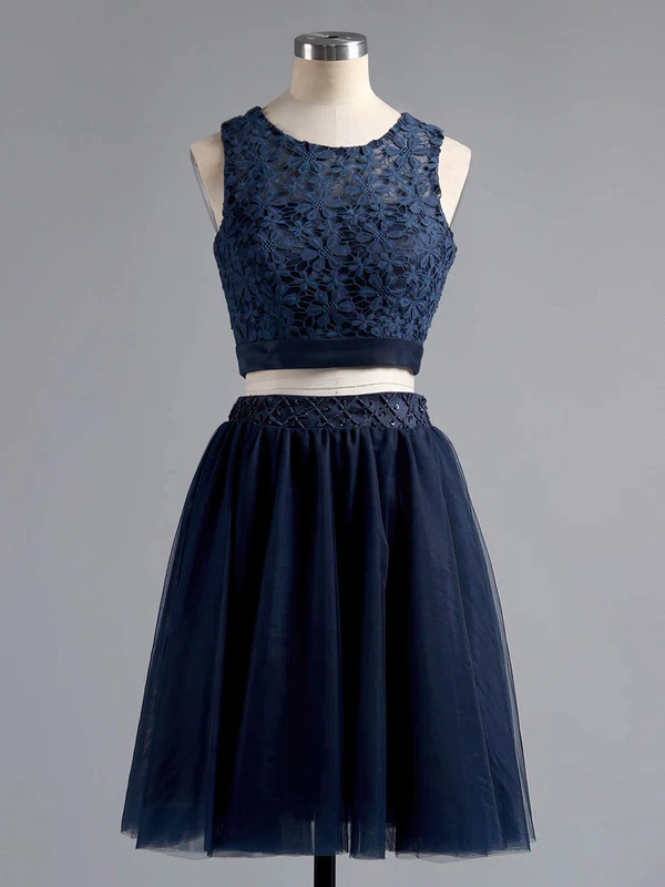 Two Piece A-line Scoop Neck Lace Tulle Short/Mini Beading Dark Navy Homecoming Dresses #Milly020101441