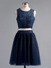 Two Piece A-line Scoop Neck Lace Tulle Short/Mini Beading Dark Navy Short Prom Dresses #Milly020101441