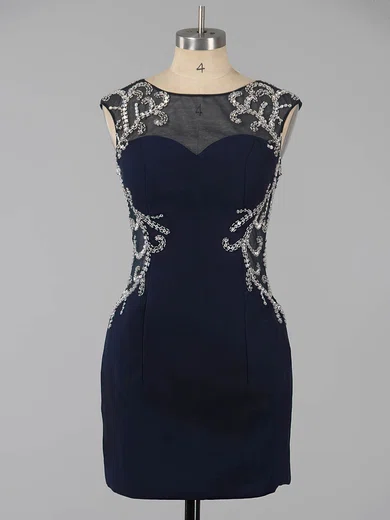 Dark Navy Sheath/Column Scoop Neck Silk-like Satin Short/Mini Beading Open Back Short Prom Dresses #Milly020101761