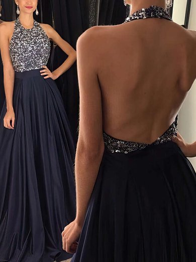 Ball Gown/Princess Sweep Train Halter Satin Beading Prom Dresses #Milly020102435