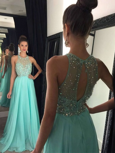 A-line Scoop Neck Chiffon Sweep Train Beading Prom Dresses #Milly020102436