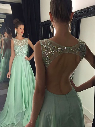 A-line Scoop Neck Chiffon Sweep Train Beading Prom Dresses #Milly020102439