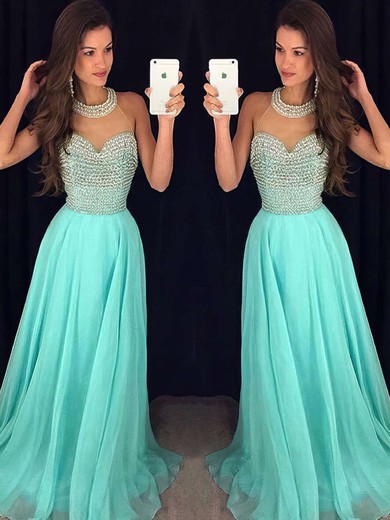 A-line Scoop Neck Chiffon Sweep Train Crystal Detailing Prom Dresses #Milly020102441