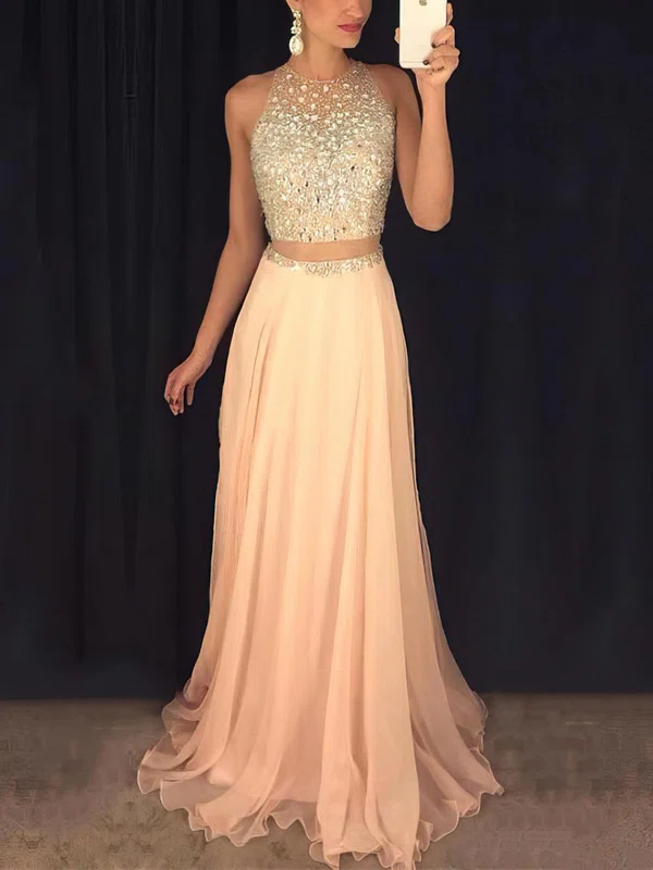 A-line Sweep Train Scoop Neck Chiffon Tulle Beading Prom Dresses #Milly020102442