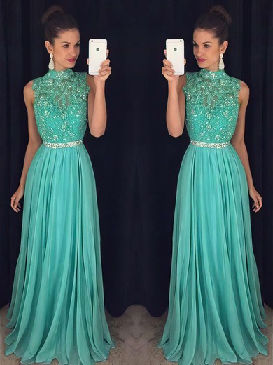 A-line High Neck Chiffon Floor-length Beading Prom Dresses #Milly020102443