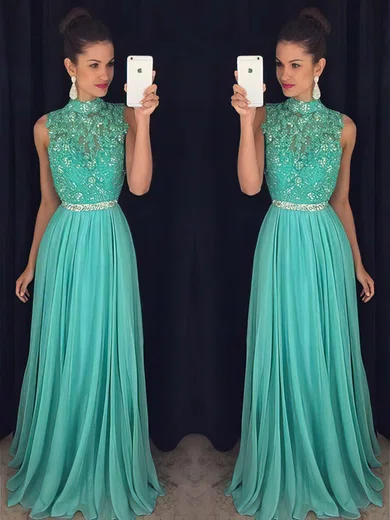 A-line High Neck Chiffon Floor-length Beading Prom Dresses #Milly020102443