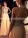 A-line High Neck Chiffon Sweep Train Beading Prom Dresses #Milly020102445