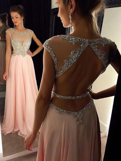 A-line Scoop Neck Chiffon Floor-length Beading Prom Dresses #Milly020102446