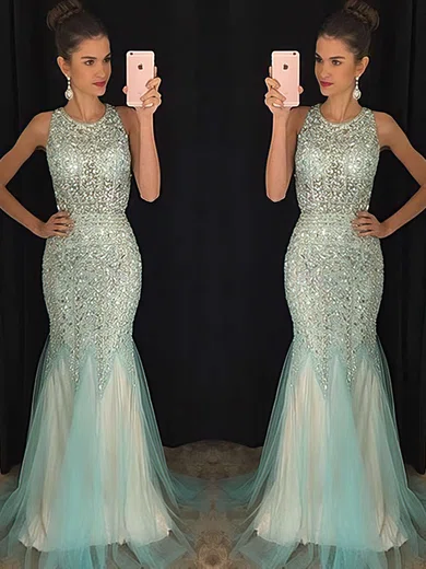 Trumpet/Mermaid Scoop Neck Tulle Floor-length Beading Prom Dresses #Milly020102448