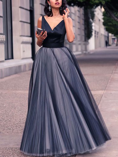 Princess V-neck Satin Tulle Floor-length Pleats Prom Dresses #Milly020102454