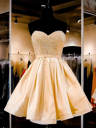 A-line Strapless Satin Beaded Prom Dresses With Ruched #Milly020102464