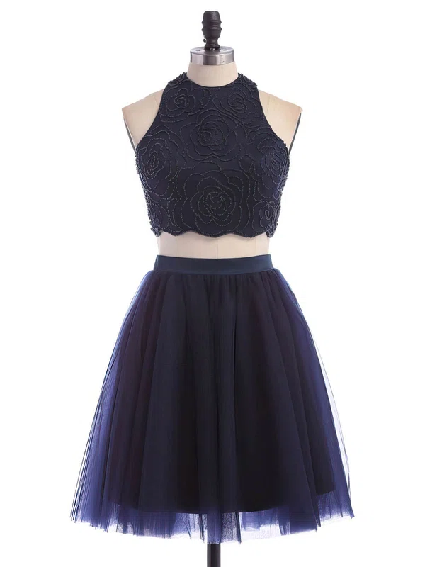 A-line Scoop Neck Tulle Short/Mini Beading Dark Navy Two Piece Short Prom Dresses #Milly020102465