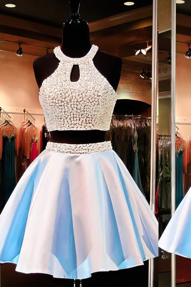 A-line Scoop Neck Satin Two Piece Prom Dresses With Beading #Milly020102471