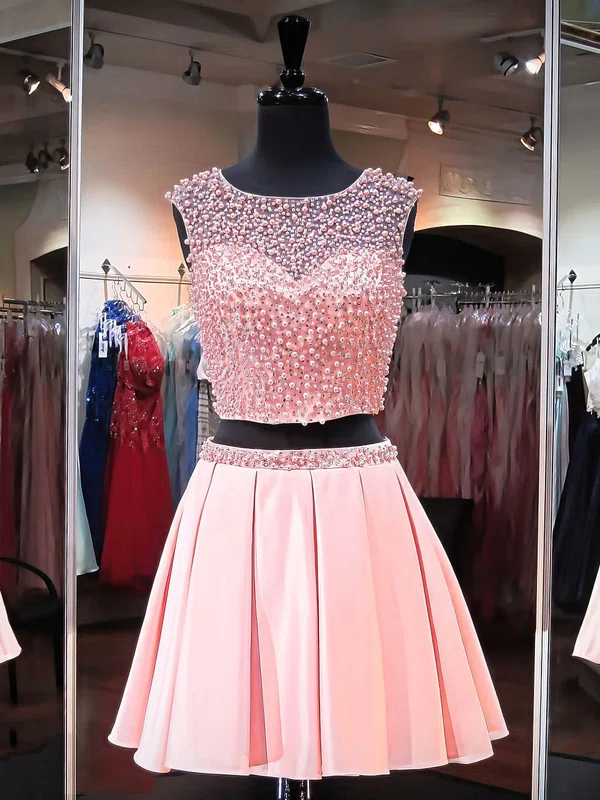Pretty A-line Scoop Neck Satin Tulle Short/Mini Crystal Detailing Two Piece Prom Dresses #Milly020102480
