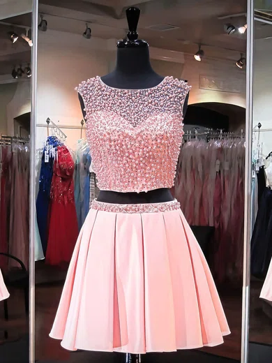 A-line Scoop Neck Satin Tulle Two Piece Prom Dresses With Beading #Milly020102480