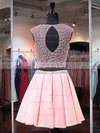 Pretty A-line Scoop Neck Satin Tulle Short/Mini Crystal Detailing Two Piece Prom Dresses #Milly020102480