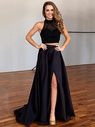 A-line High Neck Satin Sweep Train Beading Prom Dresses #Milly020102482