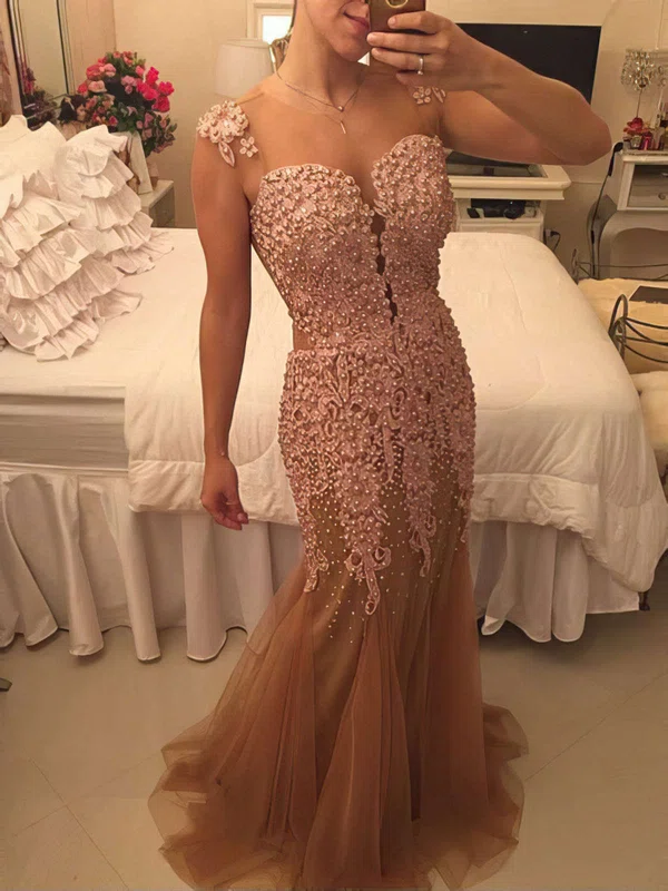 Trumpet/Mermaid Scoop Neck Tulle Floor-length Appliques Lace Prom Dresses #Milly020102486